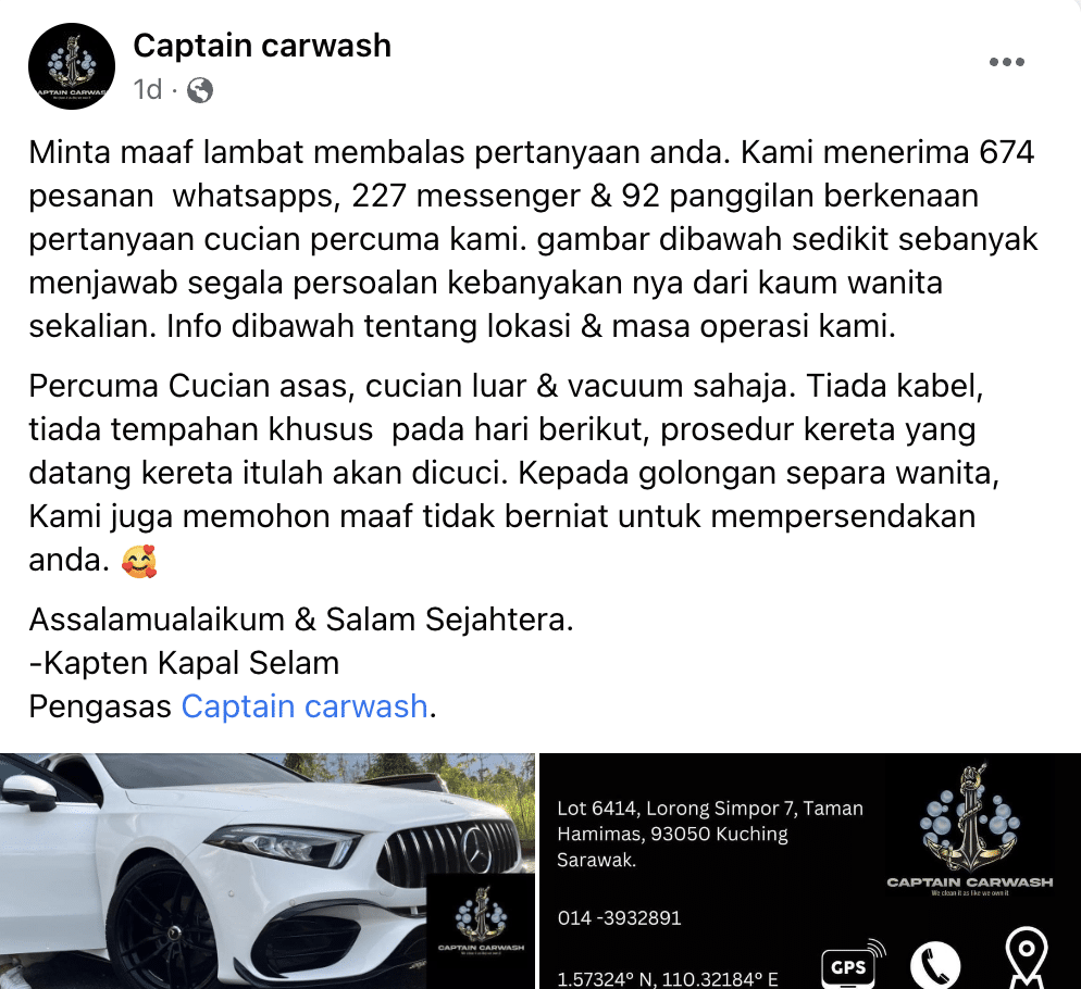 Syarat Cuci Kereta Percuma Ini Buat Netizen Terhibur