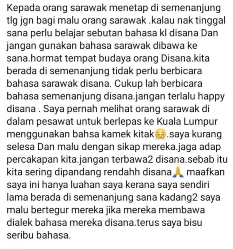 ‘Jangan Cakap Sarawak Guna Kamek Kitak Di Kuala Lumpur’, Netizen Kecam Individu Malu Cakap Sarawak