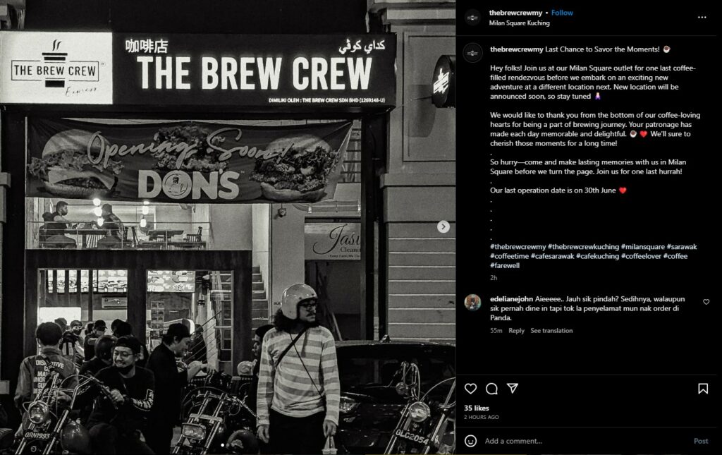 Terkenal Dengan Minuman Borneo Latte, Brew Crew Cawangan Milan Square Bakal Ditutup