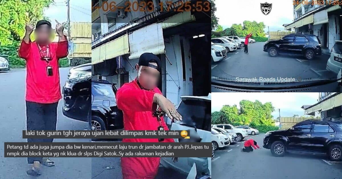 [VIDEO] Siap Sembah Kereta Dan Tunjuk Jari Tengah, Netizen Risau Lihat Lelaki Berbaju Merah Di Kuching