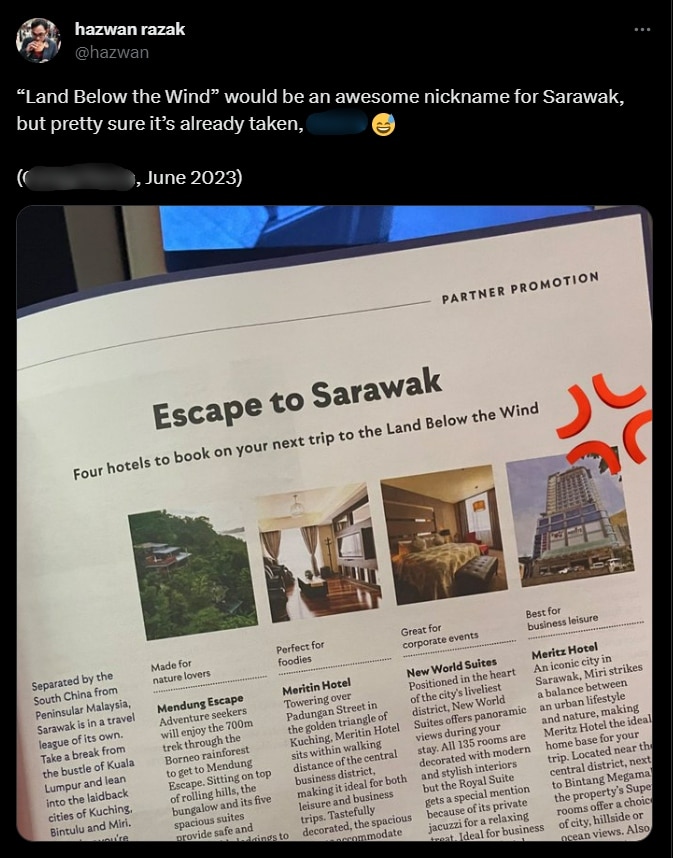 'Negeri Bawah Bayu', Majalah Airline Timbulkan Kekeliruan Pembaca Dengan Nama Gelaran Sarawak