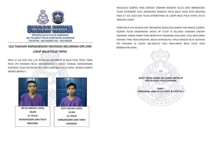 Lolos Dari Lokap Di Tapah, Dua Tahanan Warga Indonesia Masih Lagi Dalam Pencarian Pihak Polis