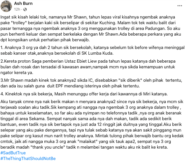 Individu Bersimpati Dengan Mat Salih Berkaki Ayam, Tolak Anak Guna Troli Di Kuching