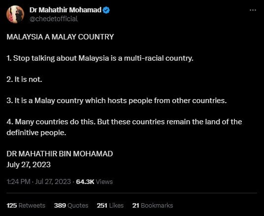 'Malaysia Adalah Negara Melayu'- Dr Mahathir, Hantaran Beliau Undang Pelbagai Reaksi Netizen