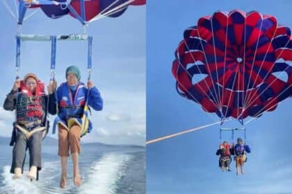 Sempoi Naik Parasailing Di Sabah, Netizen Terhibur Lihat Gelagat Nenek Dengan 'Best Friend'