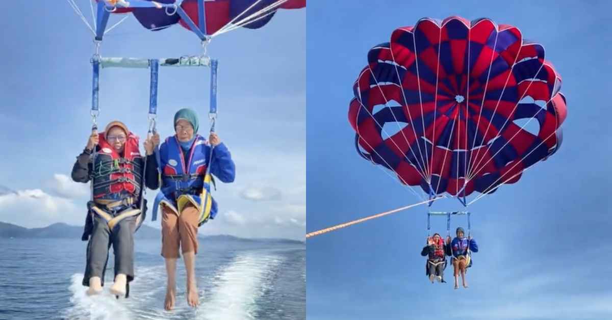 Sempoi Naik Parasailing Di Sabah, Netizen Terhibur Lihat Gelagat Nenek Dengan 'Best Friend'