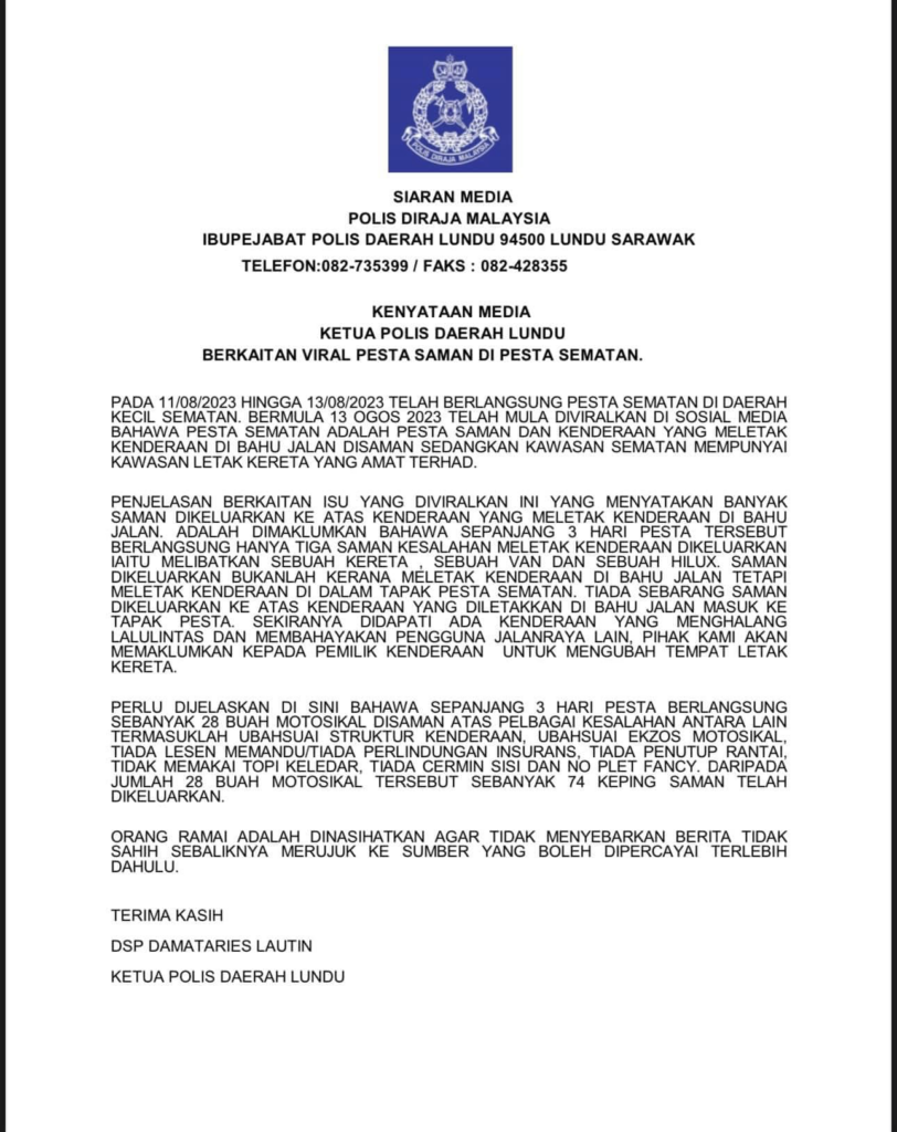 Polis Sangkal Dakwaan Netizen, Hanya Tiga Saman Dikeluarkan Sepanjang Pesta Sematan