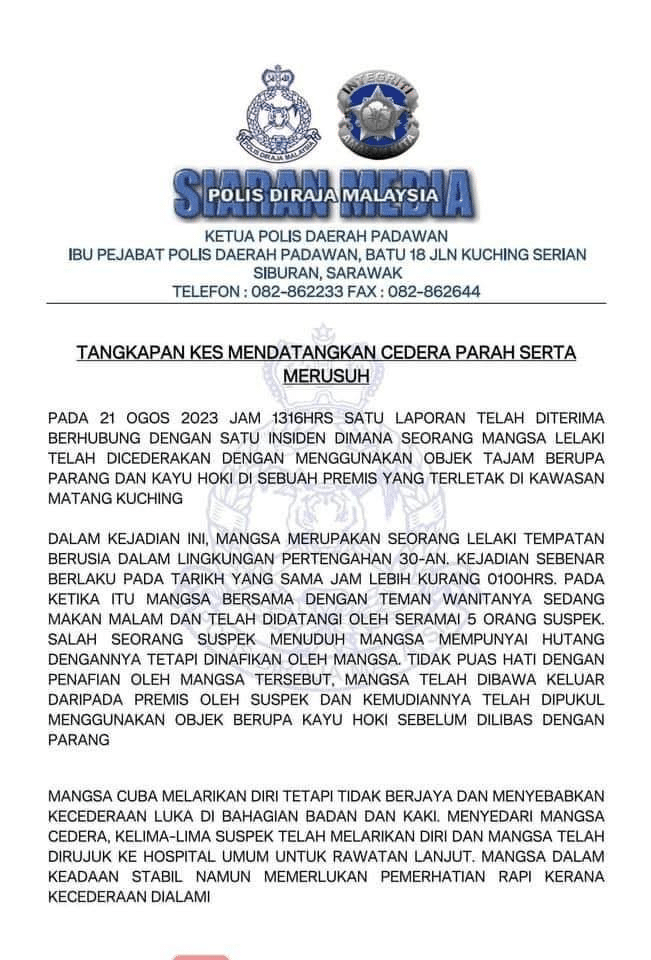 Gara-Gara Nafi Berhutang, Lelaki Parah Ditetak Lima Individu Di Jalan Palma Matang