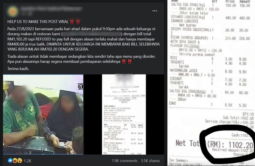 Makanan Cecah Lebih RM1K Di Restoran Seafood Sabah, Ini Penjelasan Pelanggan Enggan Bayar Penuh