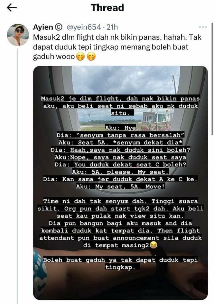 Memang Boleh Buat Gaduh, Individu Kongsi Kisah Seat Tepi Tingkap Kena Rembat