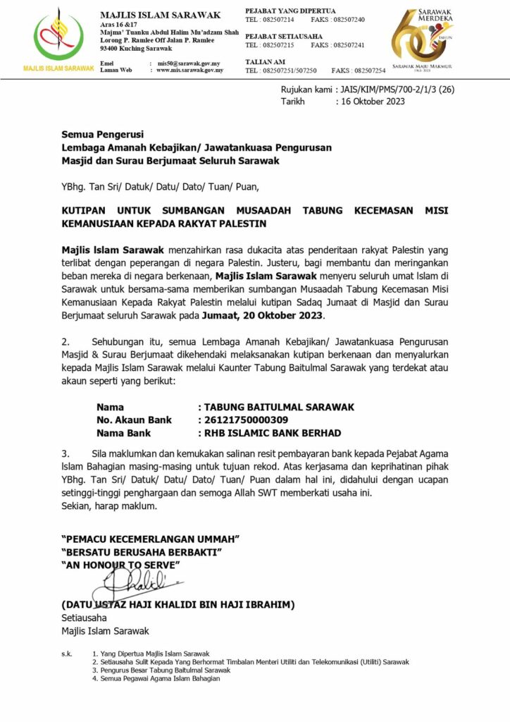 Umat Islam Di Sarawak Diseru Untuk Menyumbang Kepada Palestin Jumaat Ini