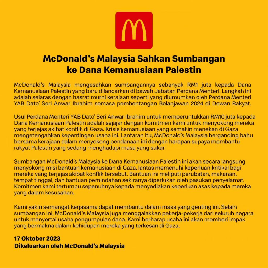 McDonald's Malaysia Sumbang RM1 Juta Kepada Dana Kemanusiaan Palestin
