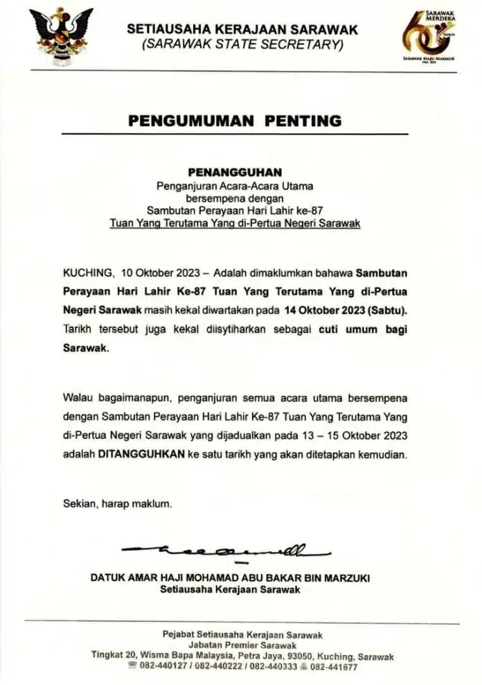 Sambutan Perayaan Hari Lahir TYT Kekal 14 Oktober, Penganjuran Acara Utama Ditangguhkan