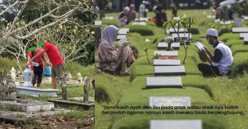 Beza Agama Bukan Penghalang, Netizen Terharu Lihat Pasangan Cina Ziarah Kubur Anak Di Sarawak