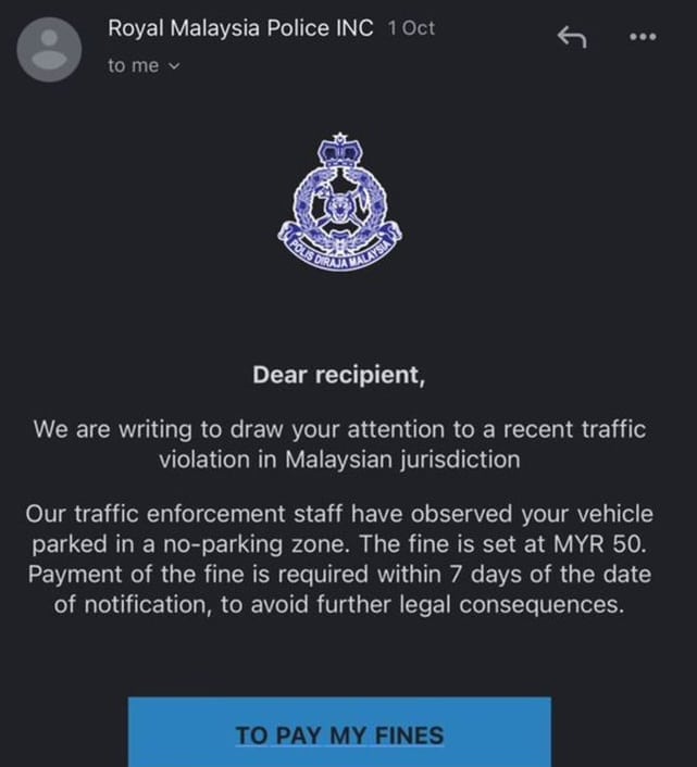 Taktik Baru Scammer, Hantar Saman RM50 Melalui E-Mel Dan Kena Bayar Dalam 7 Hari
