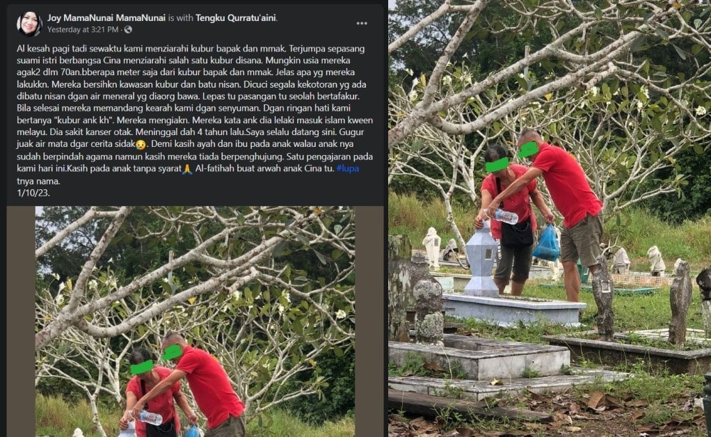 Beza Agama Bukan Penghalang, Netizen Terharu Lihat Pasangan Cina Ziarah Kubur Anak Di Sarawak
