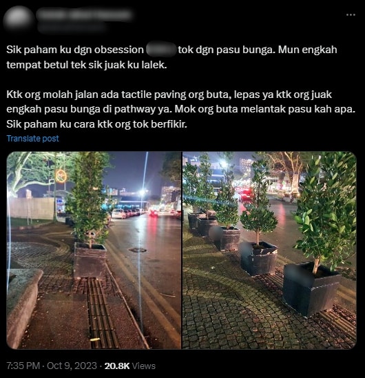 Halang Laluan Pejalan Kaki Untuk Orang Buta, Pasu Bunga Di Waterfront Kuching Raih Perhatian Netizen