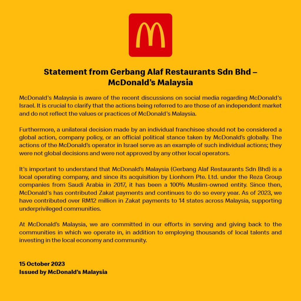 Dimiliki 100 Peratus Entiti Milik Muslim, McDonald’s Malaysia Tampil Jawab Kebimbangan Netizen