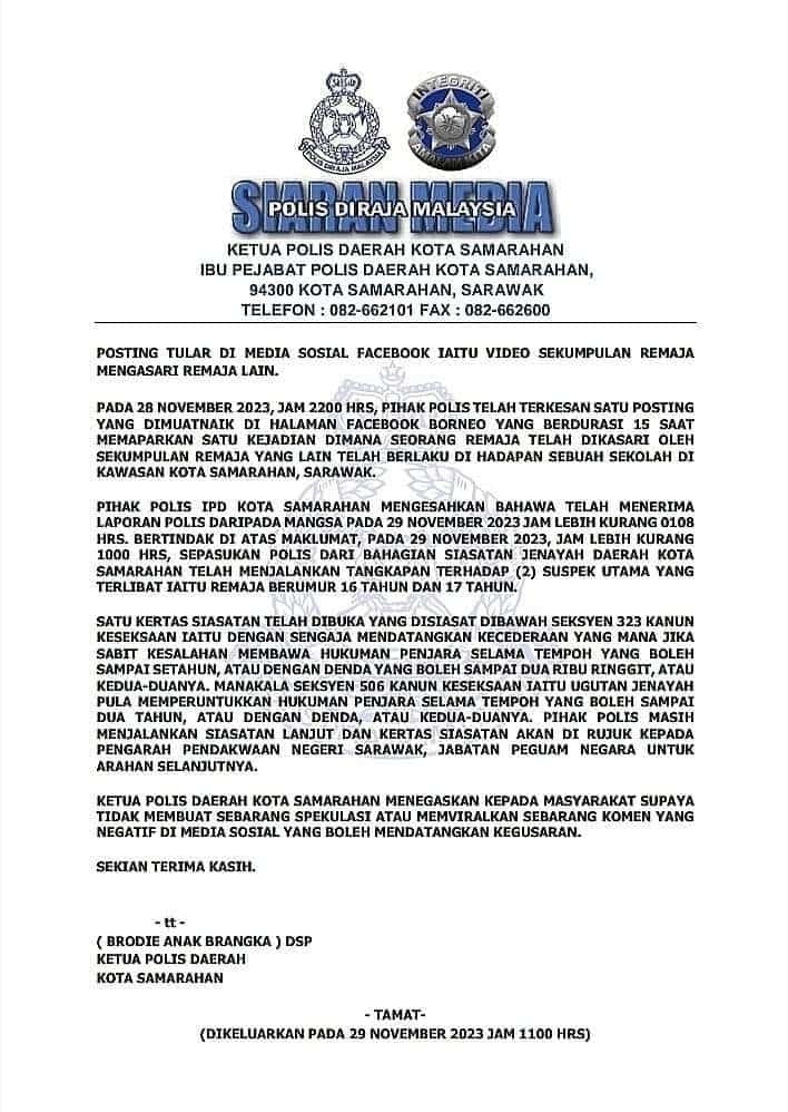 Murid Lelaki Jadi Mangsa Buli Geng Samseng Bermotosikal Di Kota Samarahan