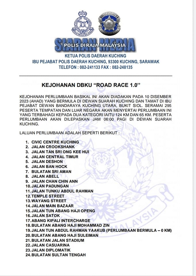 Sempena Kejohanan DBKU 'Road Race 1.0', Beberapa Jalan Di Kuching Bakal Ditutup Esok