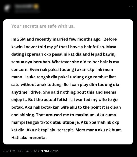 Gian Mahu Isterinya Botak Licin, Netizen Tergamam Baca Kongsian Individu Ini