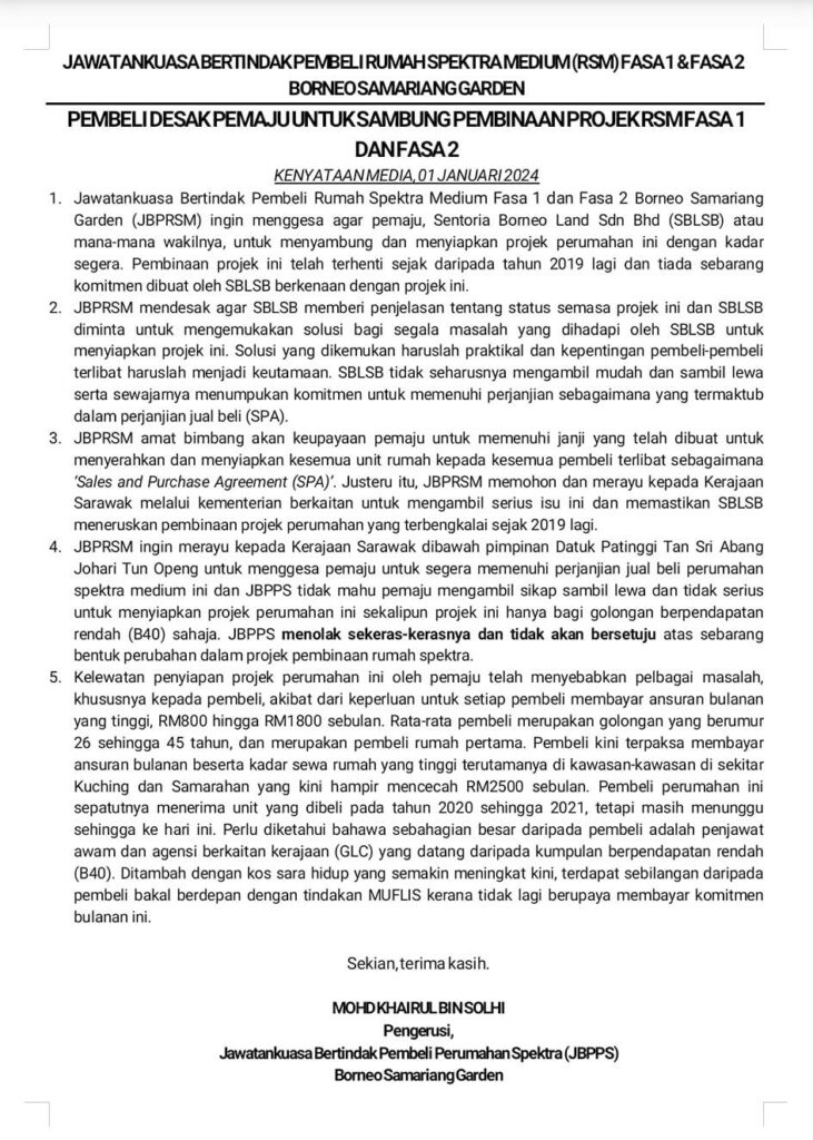 Pembeli Desak Pemaju Sambung Pembinaan Projek Borneo Semariang Garden