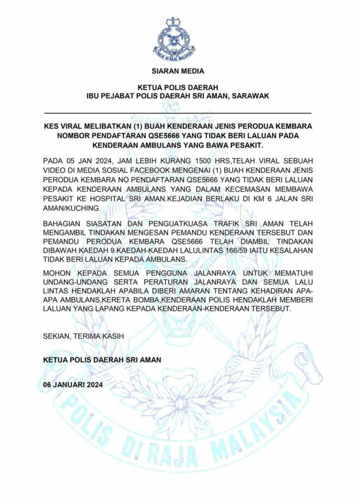 Padah Halang Ambulans, Sebuah Kenderaan Dikenakan Tindakan Polis Di Sri Aman