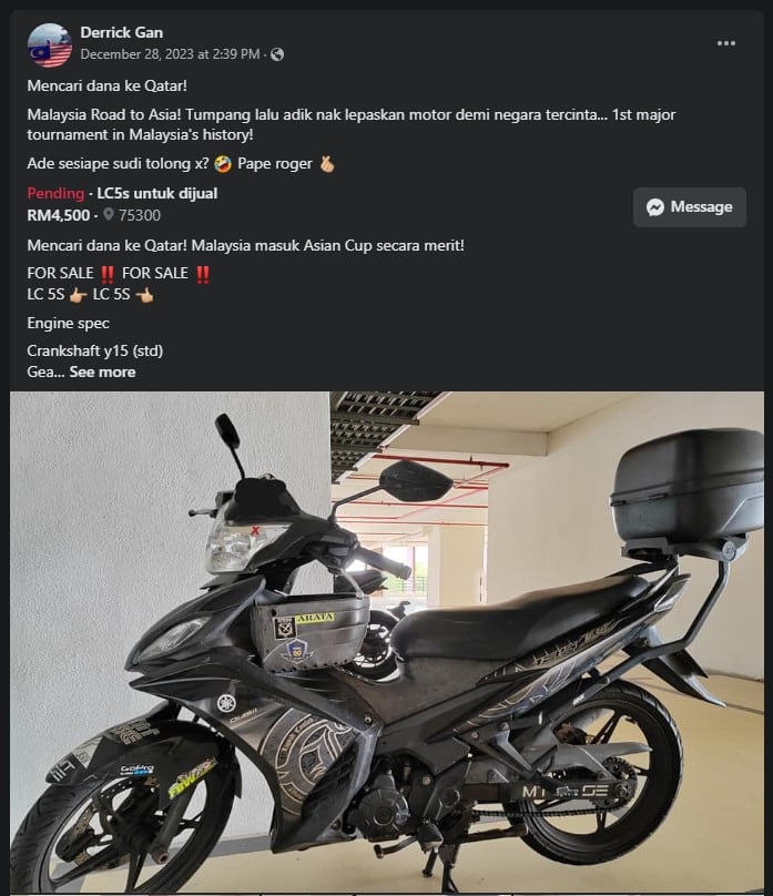 Individu Ini Jadi Tular, Sanggup Jual Motosikal Demi Sokong Harimau Malaya Di Qatar