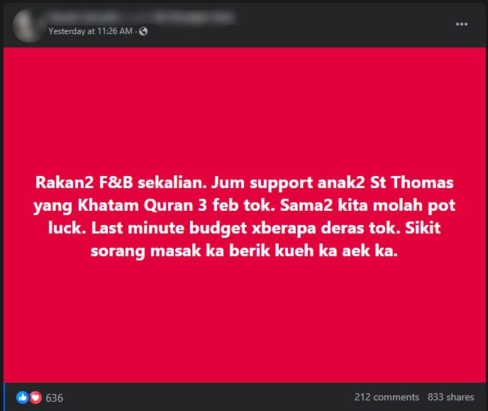 Isu Larangan Khatam Quran, Ibu Bapa Pelajar Pelawa Sokongan Pengusaha Makanan Untuk Jayakan Majlis