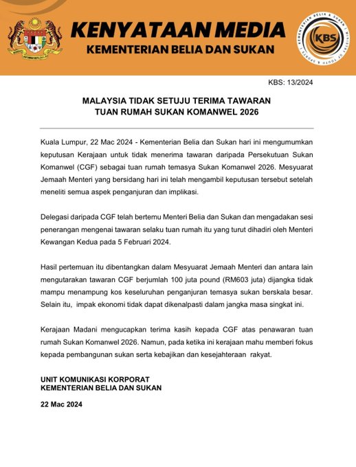 Malaysia Tolak Tawaran Jadi Tuan Rumah Sukan Komanwel 2026