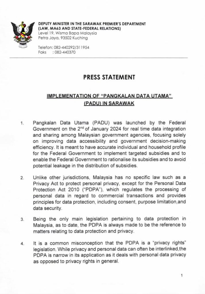 Ini Kenyataan Rasmi Sarawak Mengenai Pelaksanaan PADU Di Sarawak