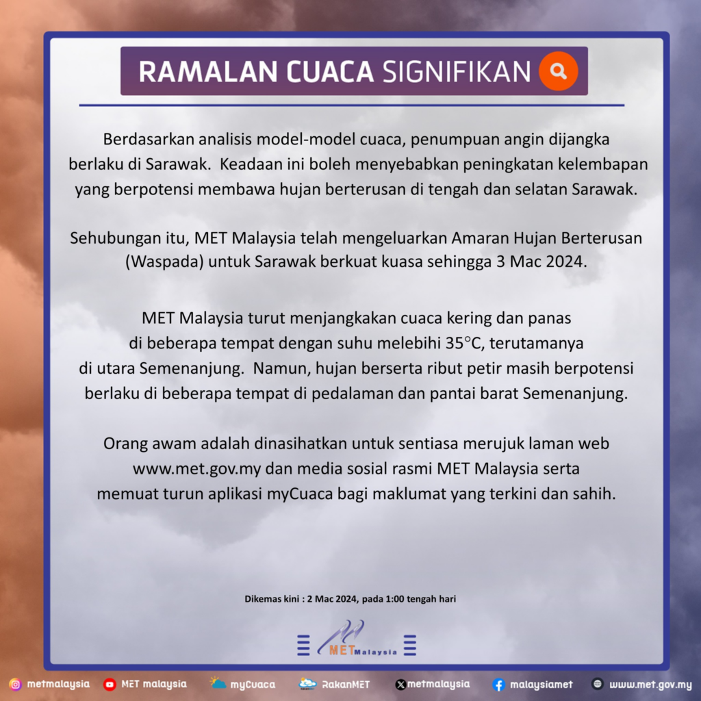 Beberapa Kawasan Sudah Lepasi Paras Air Tahap Bahaya, MET Malaysia Beri Amaran Hujan Berterusan Di Sarawak