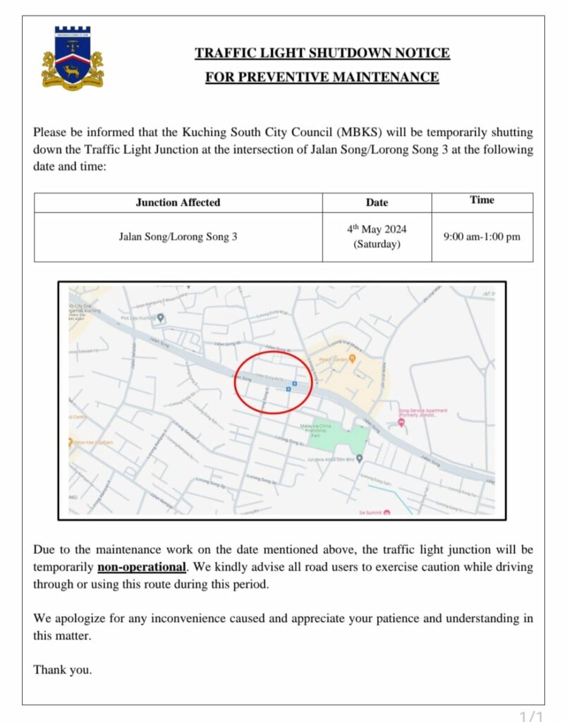 Penutupan Sementara Lampu Isyarat Di Jalan Song-Lorong Song 3 Pada 4 Mei