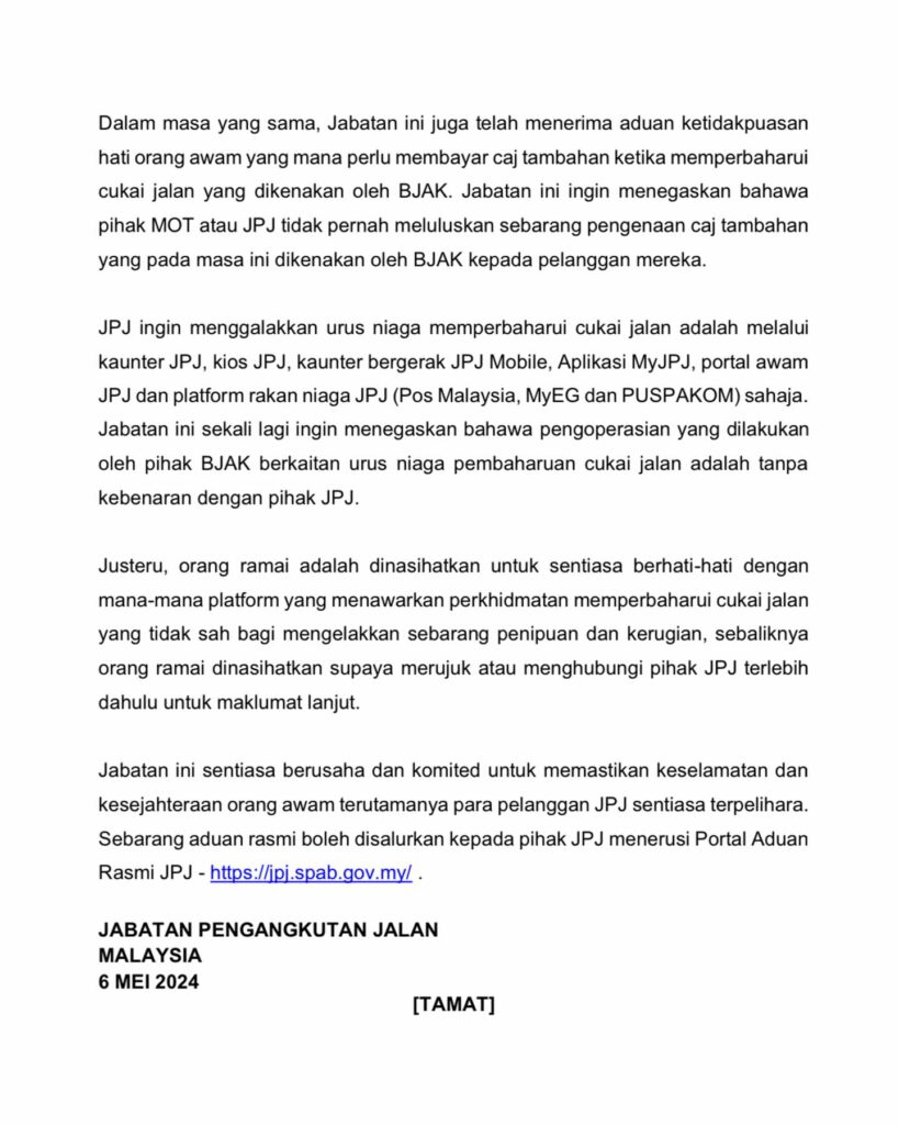 JPJ Tidak Pernah Beri Kelulusan BJAK Urus Niaga Pembaharuan Cukai Jalan