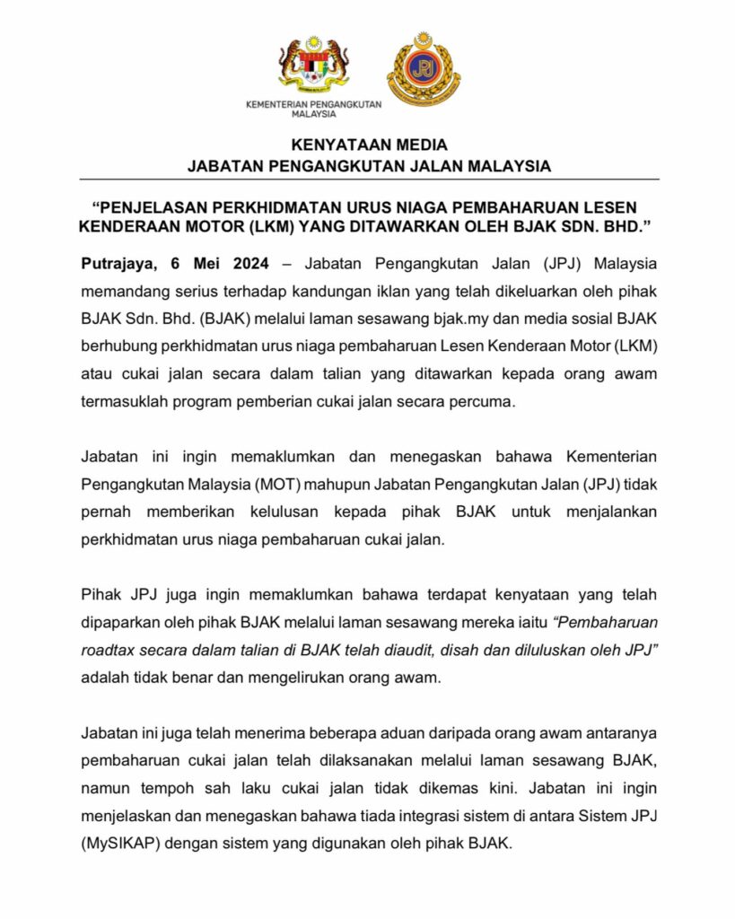 JPJ Tidak Pernah Beri Kelulusan BJAK Urus Niaga Pembaharuan Cukai Jalan