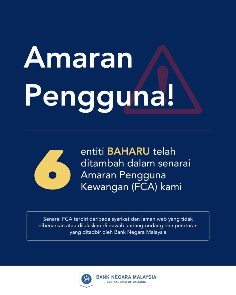 BNM Tambah Enam Nama Syarikat Pelaburan Dalam Senarai Amaran Pengguna Kewangan