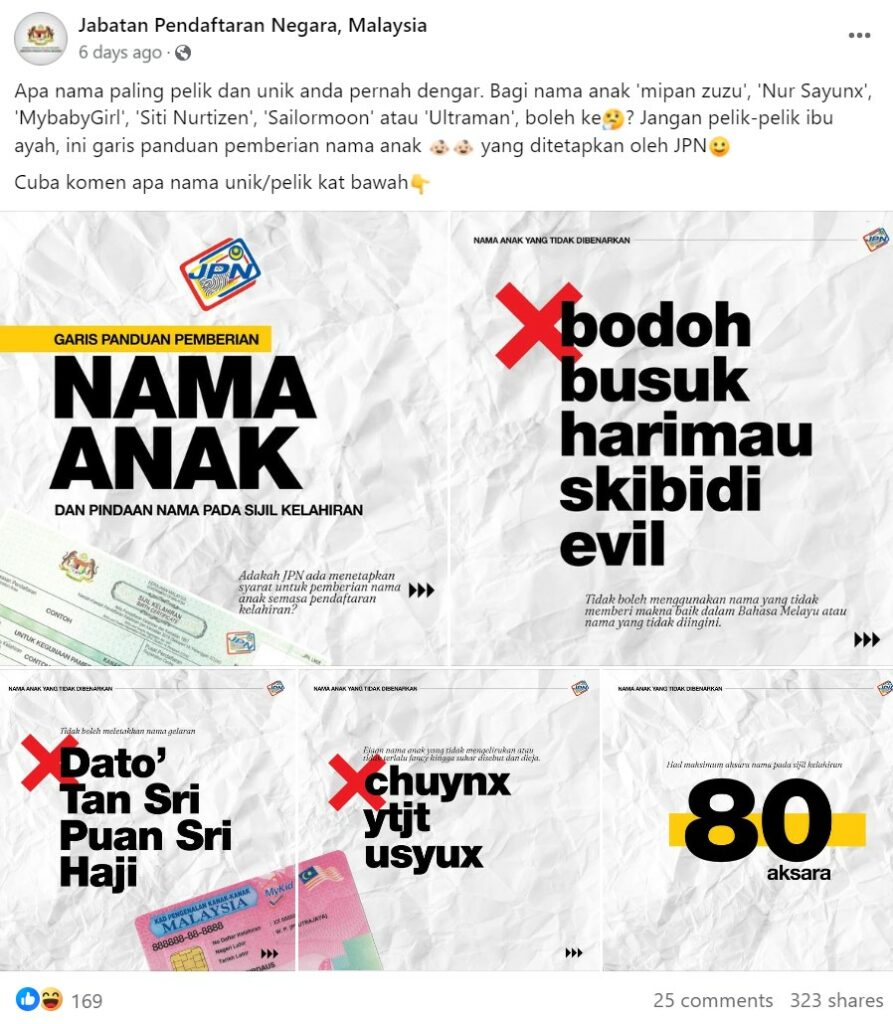 JPN Pesan Rakyat Malaysia Agar Jangan Terlalu Kreatif Beri Nama Anak, Skibidi, Tan Sri, Chuynx Tidak Dibenarkan