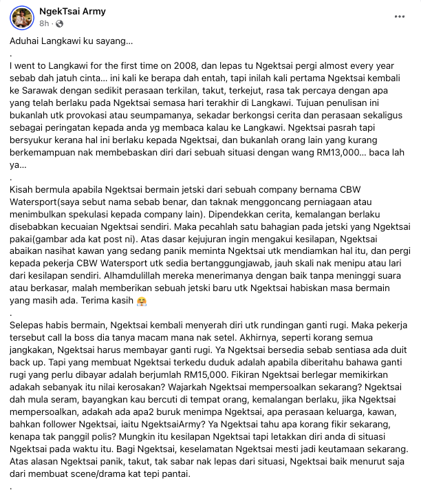 Pempengaruh Sarawak Dipaksa Bayar Ganti Rugi RM 13K Semasa Bercuti di Langkawi