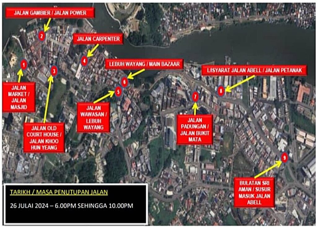 Notis Penutupan Jalan Sementara Di Kuching Petang Ini Sempena Festival Tarian Singa 2024