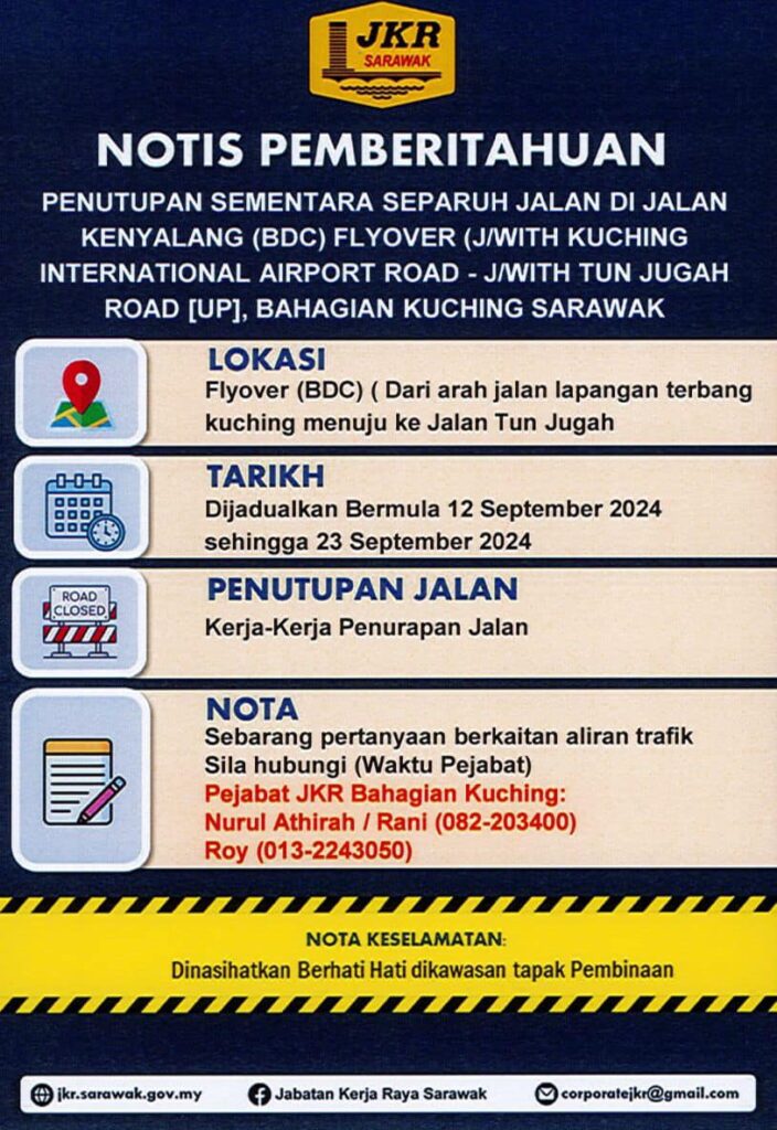Penutupan Jalan Sementara Lapangan Terbang-Jalan Tun Jugah Dari 12 Hingga 23 September