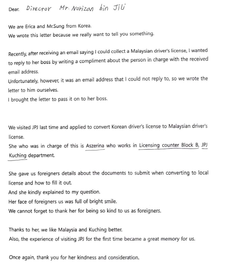 Pasangan Dari Korea Sanggup Hantar Surat Puji Layanan Mesra Pegawai JPJ Kuching