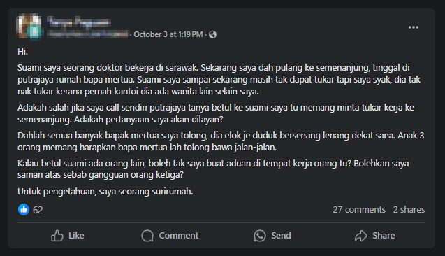 Isteri Luah Suami Enggan Berpindah Tempat Kerja, Dakwa 'Godaan' Di Sarawak