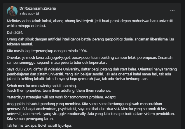 Individu Ini Kongsi Pendapat Tradisi Lama Minggu Orientasi Perlu Dirombak