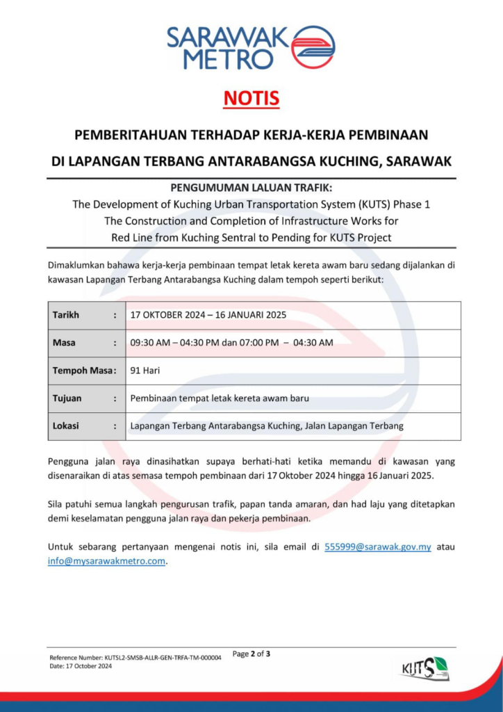 Beri Laluan Pembinaan Stesen ART, Tempat Letak Kenderaan Di Airport Kuching Bakal Diubah Suai