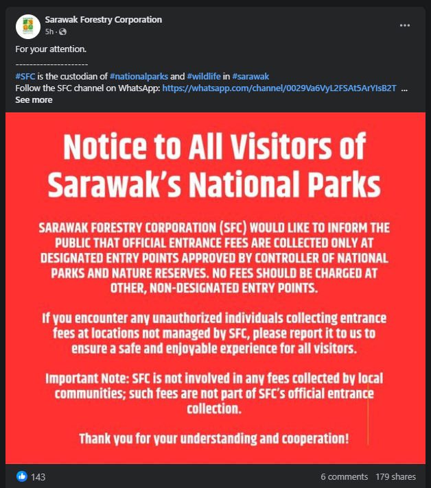 SFC Perjelas Bayaran Masuk Taman Negara Sarawak Hanya Di Lokasi Yang Telah Diluluskan