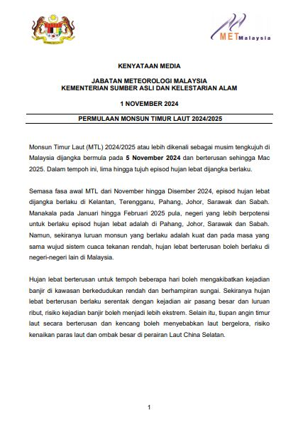 MetMalaysia Ramal Musim Tengkujuh Bakal Bermula 5 November Hingga Mac Tahun Depan