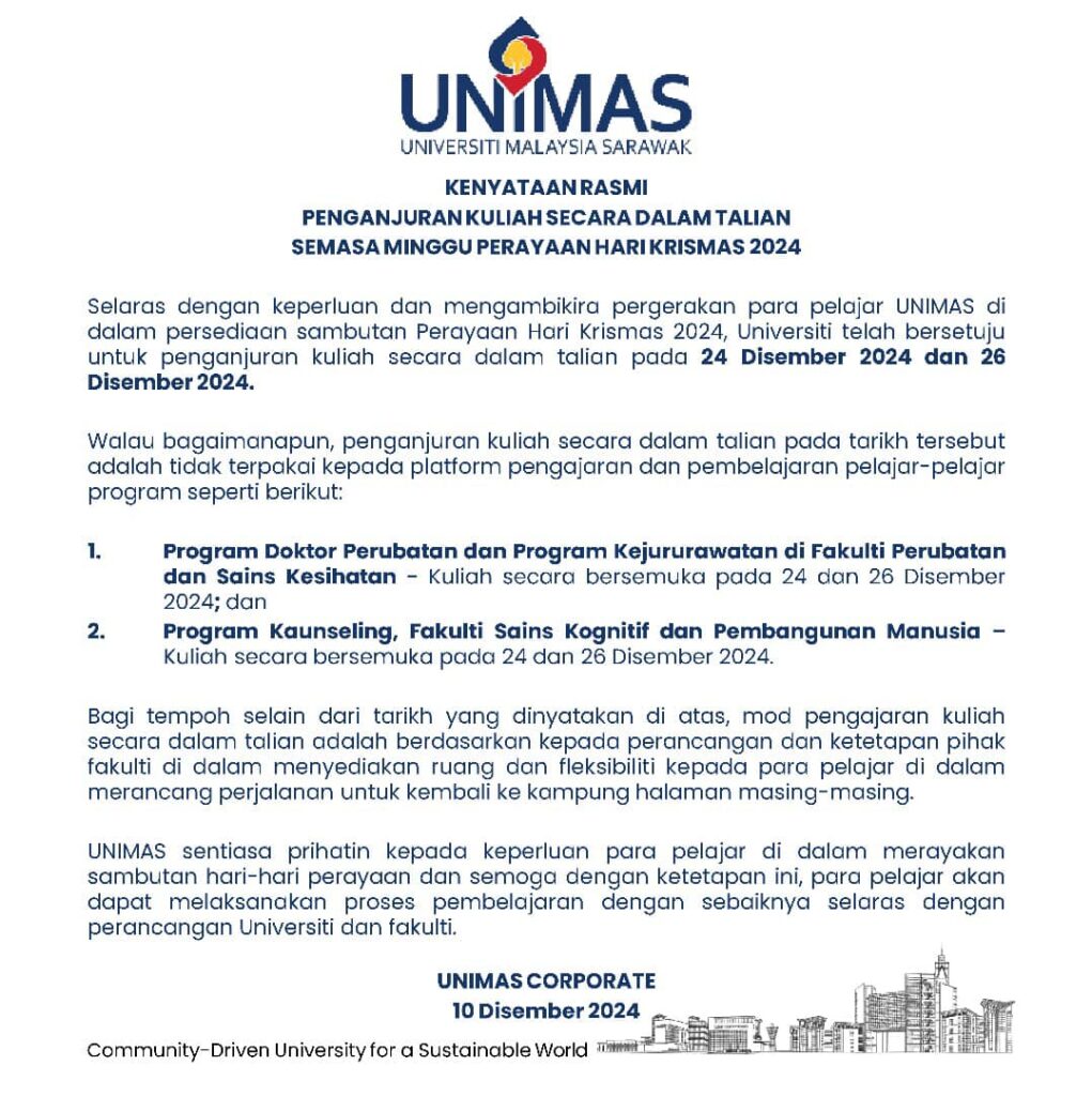 UNIMAS Umum Pelaksanaan Kuliah Dalam Talian Sempena Sambutan Hari Krismas