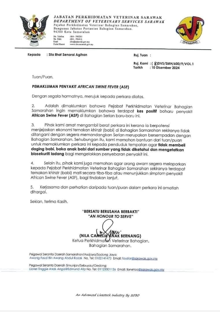Sarawak Catat Kes Positif African Swine Fever Di Serian Dan Japanese Encephalitis Di Mukah