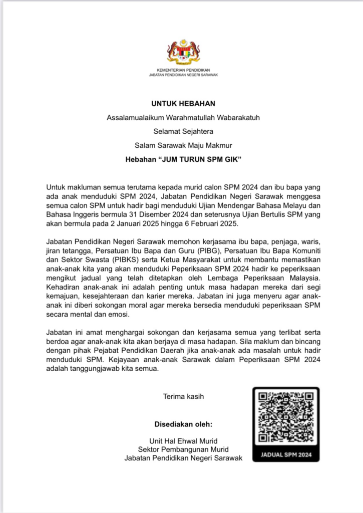 Hebahan Rasmi Jum Turun SPM Gik, KPM Sarawak Seru Pelajar Turun Jawab SPM