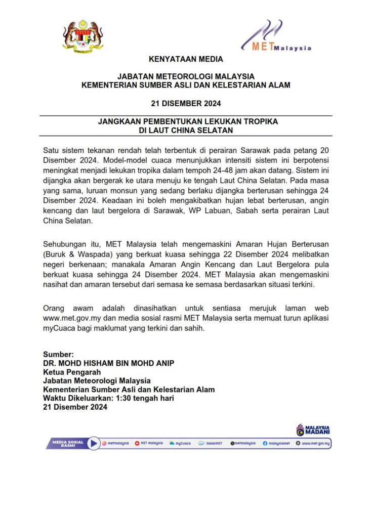 Tekanan Rendah Berpotensi Jadi Lekukan Tropika, METMalaysia Beri Amaran Hujan Lebat Di Sarawak